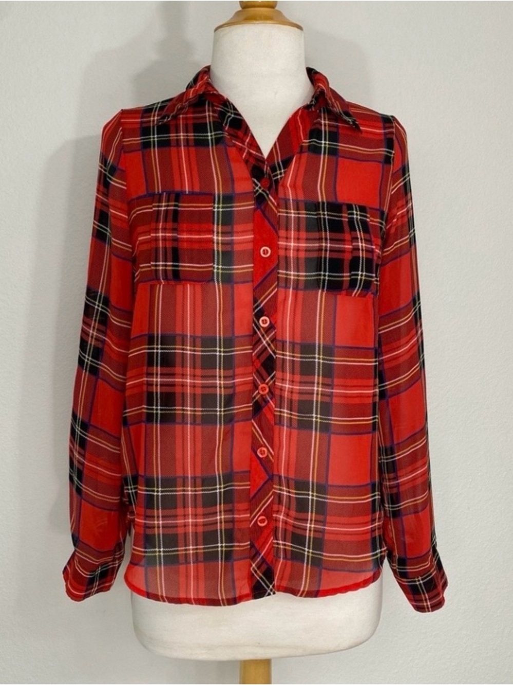 3/$25 Payaya Juniors Red Plaid Collared Button Down Sheer Blouse Size Medium